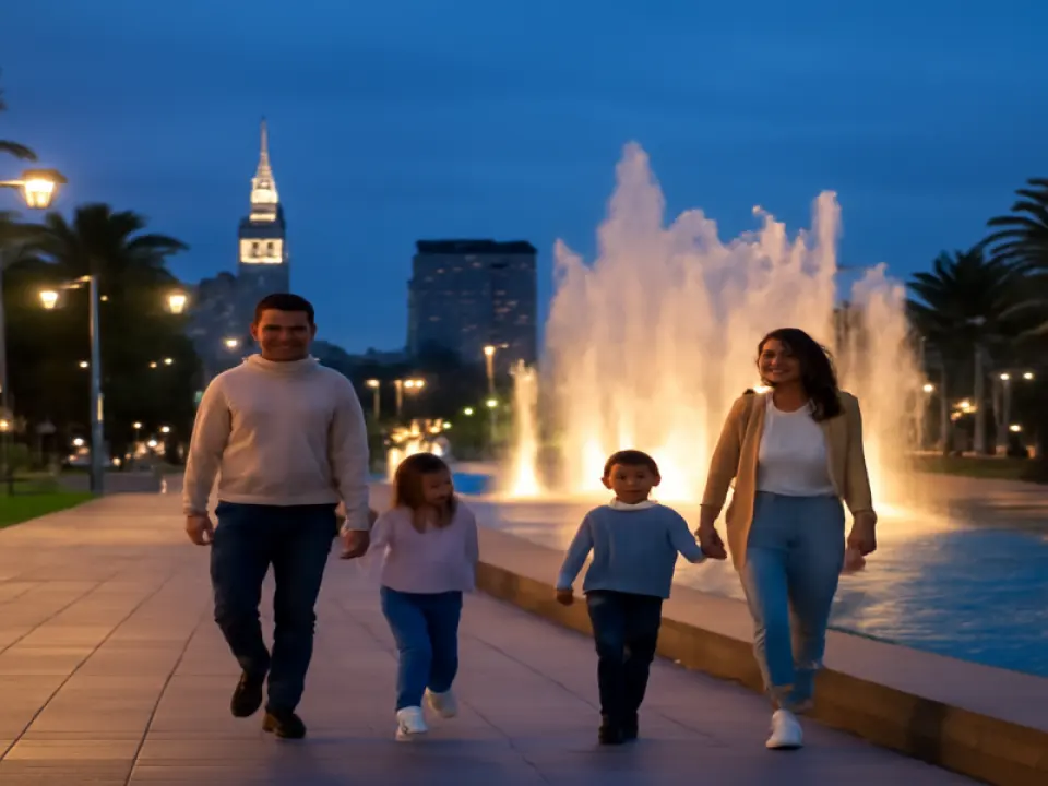 Family walk by Batumi’s fountain areas
