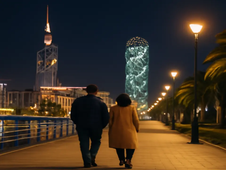Night walk through illuminated Batumi center